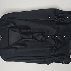 Elementz Sheer Black Ruffled Blouse wCrystal Button Front Dainty Coquette Party